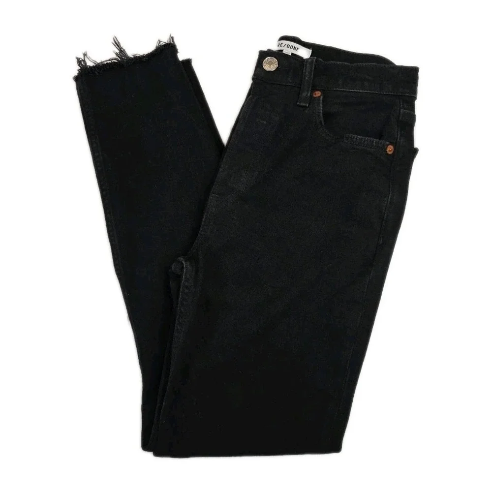 RE/DONE High Rise Ankle Crop Jeans 26 Faded Black Raw Hem Button Fly‎ 189-3WHRAC